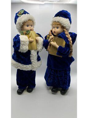 Holiday Caroler Dolls In Blue Velvet Outfits Holding Gold Books - Boy & Girl Pai